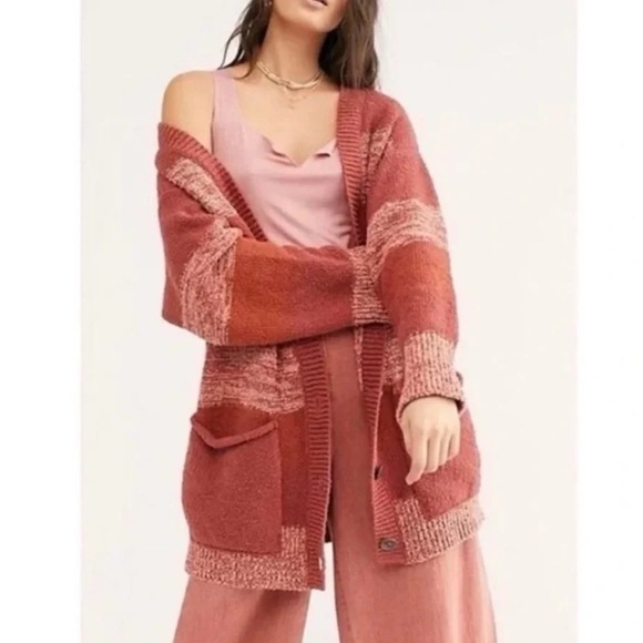 Free People Southport Beach Cardigan Sweater Pink Stripe Boho XS - Picture 6 of 8